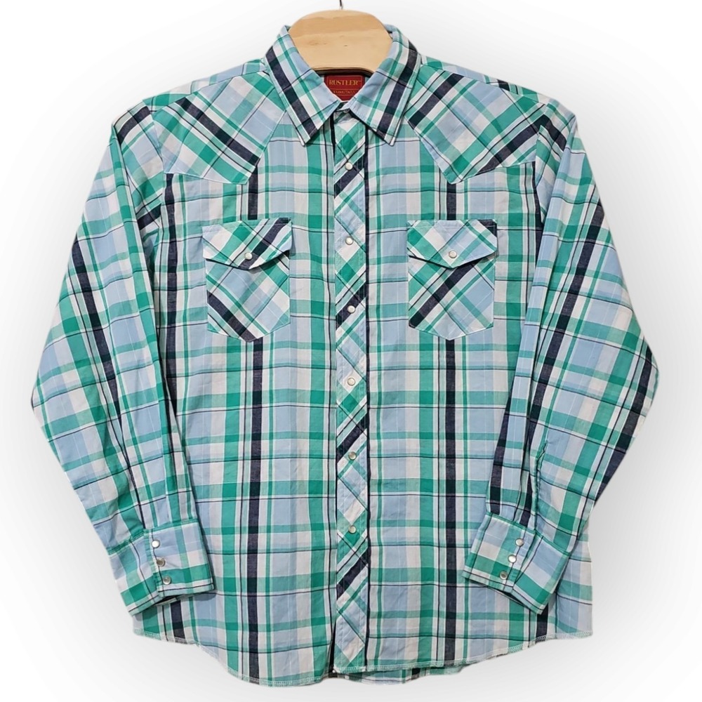 Rustler X-Long Tails‎ Teal, White, Navy Western Pearl Snap Wrangler Cowboy Rodeo - Picture 2 of 9